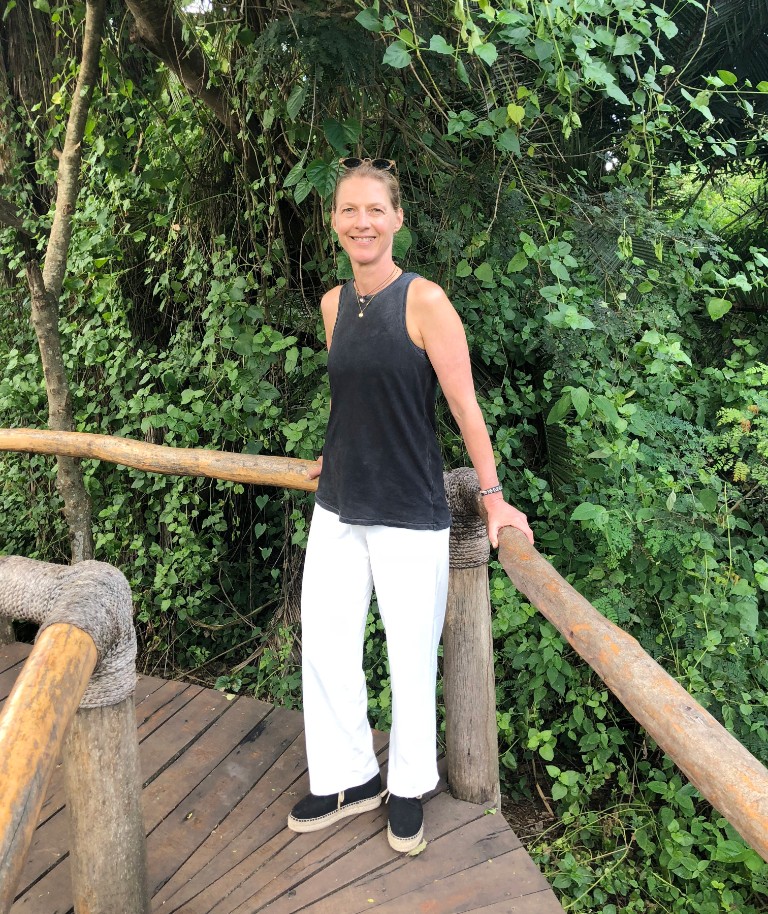 woman wearing cucumber clothing on holiday