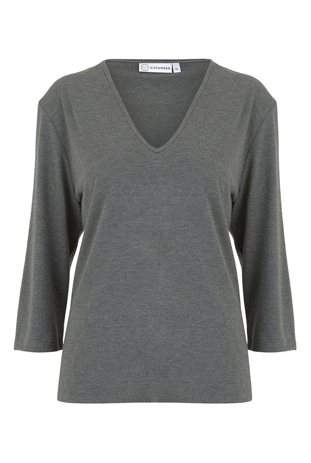 v-neck-three-quarter-sleeve-tee-green-grey-sustainable-wicking-cooling-cucumber-clothing