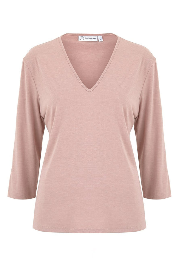 v-neck-dress-pink-three-quart-sleeve-cooling-wicking-breathable-cucumber-clothing