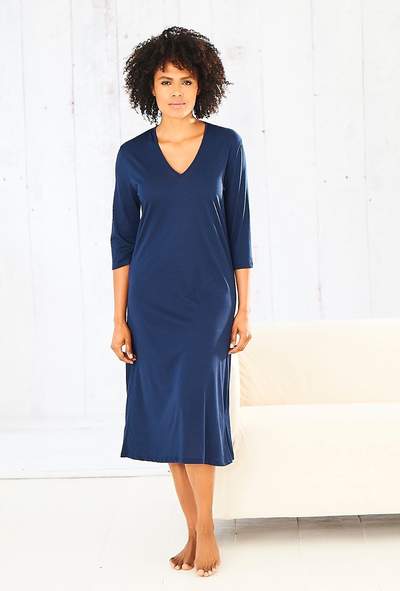 Navy V Neck Three Quarter Sleeve Dress