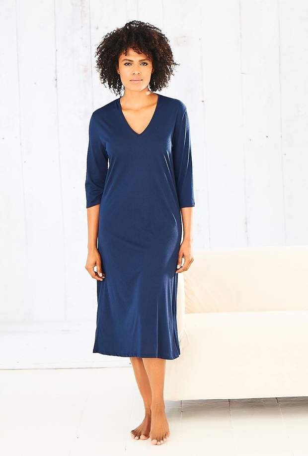 V Neck Three Quarter Sleeve Dress in Navy
